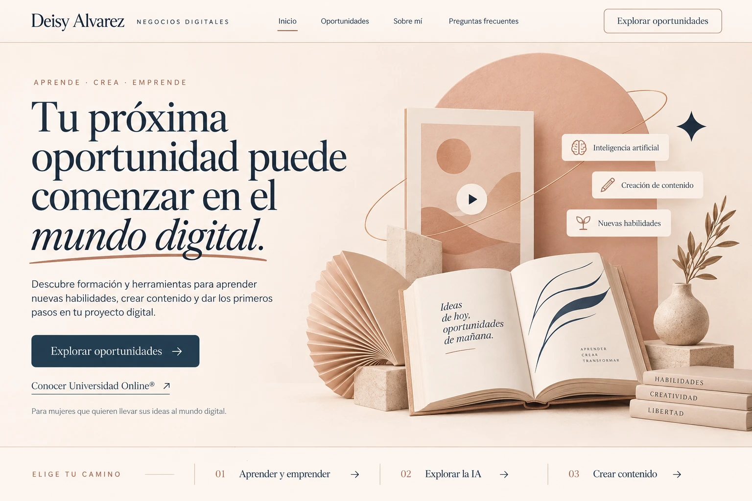 Composición conceptual de libros y recursos de aprendizaje en tonos crema y durazno.