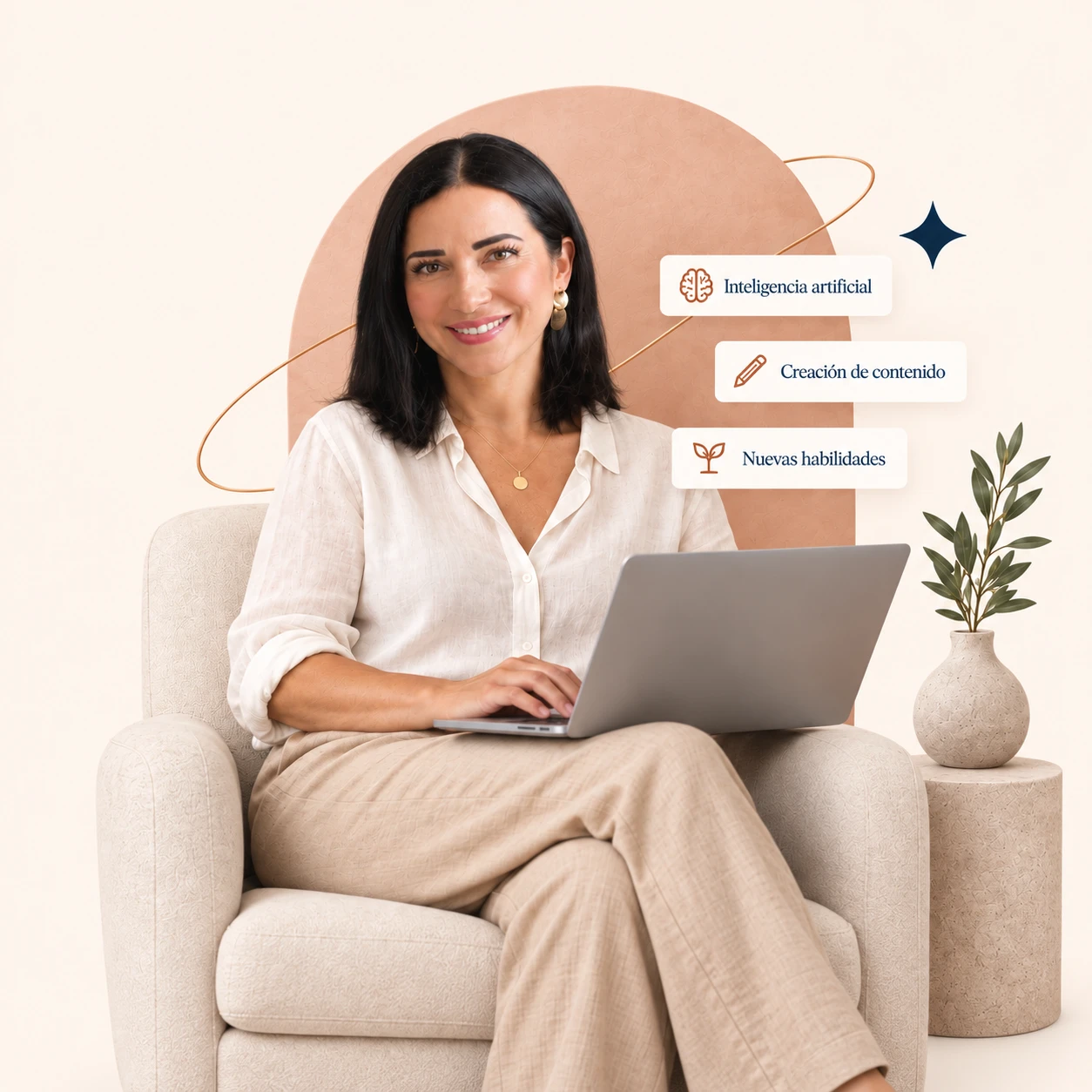 Deisy sentada con un portátil, junto a las áreas de inteligencia artificial, creación de contenido y nuevas habilidades.